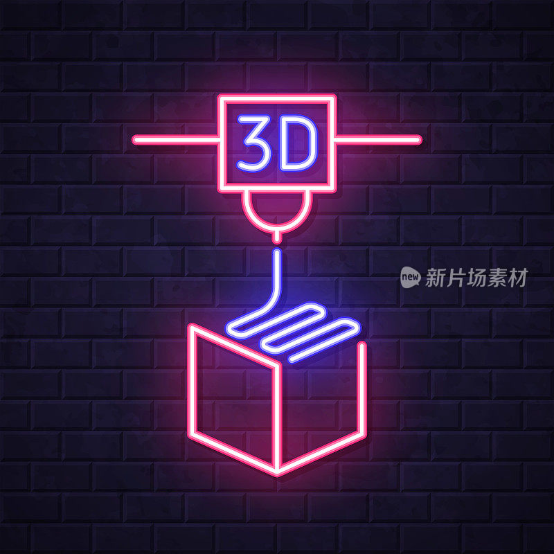 3 d打印机。在砖墙背景上发光的霓虹灯图标